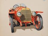 dessin d'une vieille voiture miniature dont l'avant est peint en orange