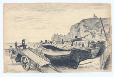 croquis de bateaux sur le rivage d'une plage, avec un bateau au premier plan