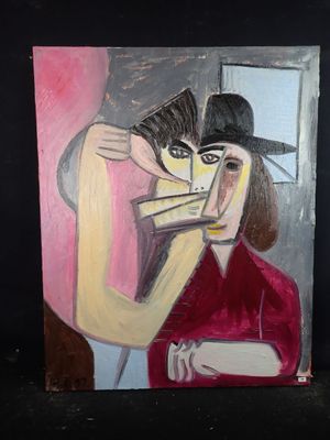 tableau représentant une femme avec un éventail et un chat sur fond noir