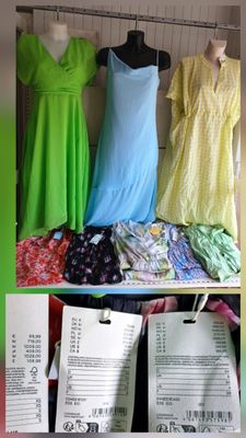 three pictures of dresses on display on a rack