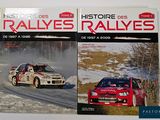 two books of rally cars on display on a white surface