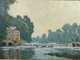 painting of a river scene with a house and a bridge