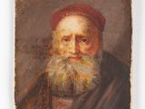 an old painting of a man with a beard and a red hat