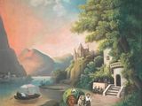 a painting on the wall of a house with a boat in the water
