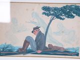 a painting of a man sitting under a tree with a dog
