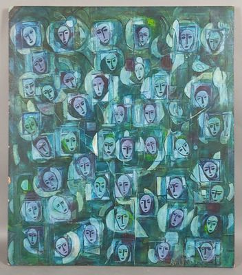 une peinture abstraite représentant un groupe de personnes sur fond vert