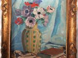 a painting of flowers in a vase on a table