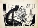 drawing of a man and woman sitting at a table with a laptop