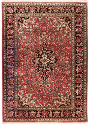 un tapis rouge et noir orné d'un médaillon