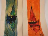 two paintings of a boat and a boat in the water