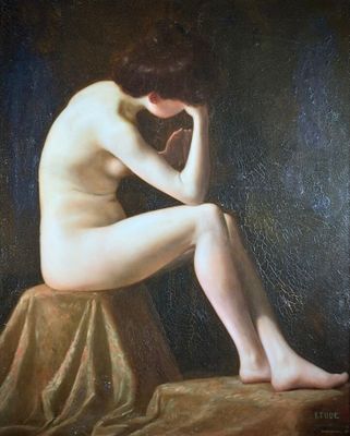 une peinture à l'huile représentant une femme nue assise sur un lit