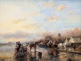 a painting of a horse drawn carriage on the water