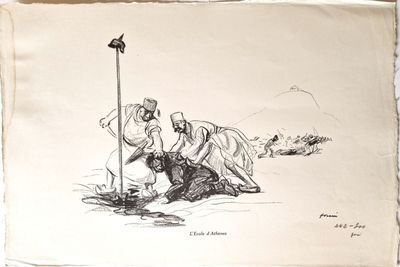 un dessin représentant un homme et une femme à cheval