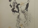 an old book with a drawing of a woman in a dress and hat