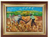 an oil painting of two men plowing a field with a plow