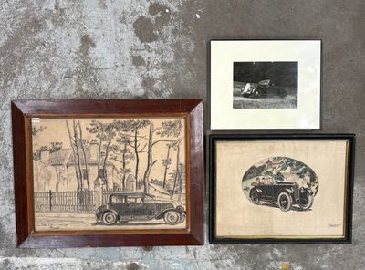 three framed pictures of a car and a car on the wall