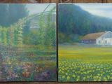 tableau représentant une scène de campagne avec une maison blanche et un champ de fleurs