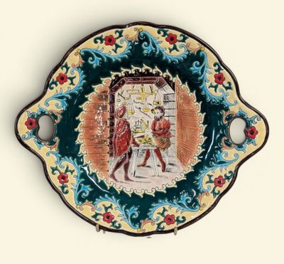 a plate with a picture of a man and a woman on it
