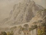 une photo d'un tableau représentant une montagne en arrière-plan