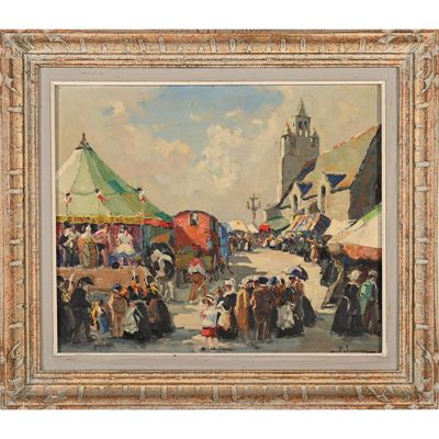 une peinture à l'huile représentant une scène de rue avec des personnages et des tentes