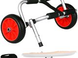 une roue rouge et noire à laquelle est fixé un skateboard