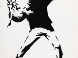 a black and white painting of a man throwing a bouquet