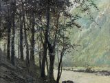 un tableau représentant un homme à cheval au bord de l'eau