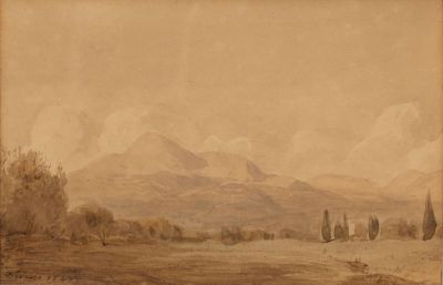 painting of a landscape with mountains in the distance and trees in the foreground