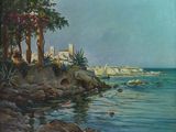 a painting of a view of a beach with a sailboat in the water