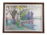 framed watercolor painting of a river scene with trees and water