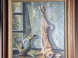 painting of a cat sitting on a table next to a bird