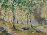 peinture représentant un sentier dans une zone boisée, avec des arbres et des rochers