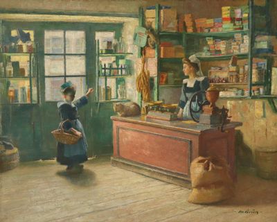 a painting of two women standing in a store