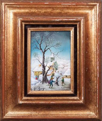 tableau représentant une scène hivernale avec des enfants jouant dans la neige