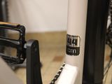 a close up of a bike that has a sticker on it