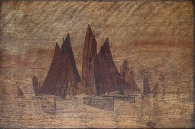 a painting of a group of sailboats on the water