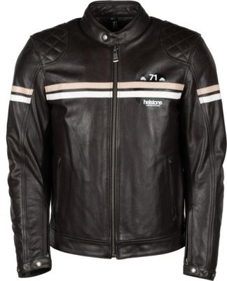 a black leather jacket with a white stripe on the side