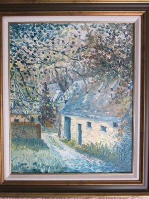 framed oil painting of a country house with a path in the foreground