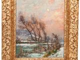 a painting of a snowy landscape with trees and a river in the foreground