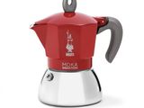 a red moka coffee maker on a white background
