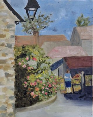 an oil painting of a street scene with a lamppost and flowers