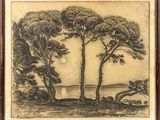 a drawing of two trees in front of a body of water