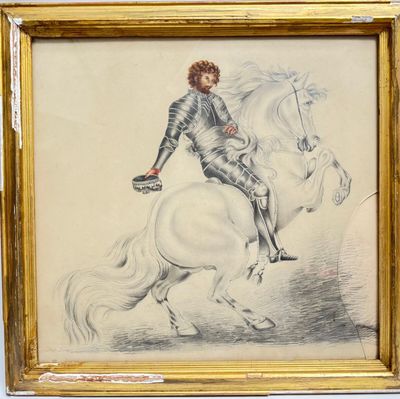 tableau représentant un homme chevauchant un cheval blanc à la crinière blanche
