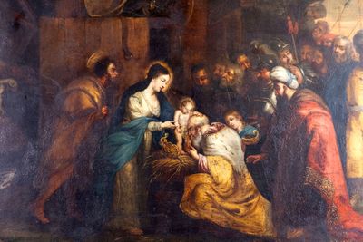 une image représentant une peinture d'une crèche avec un bébé dans la crèche