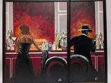painting of a man and a woman at a bar with bottles behind them