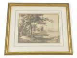 painting of a farm scene in a gold frame on a white wall