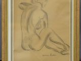 dessin représentant une femme nue assise sur le ventre, dans un cadre doré