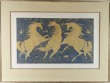 tableau représentant trois chevaux dans un pré, avec des arbres en arrière-plan