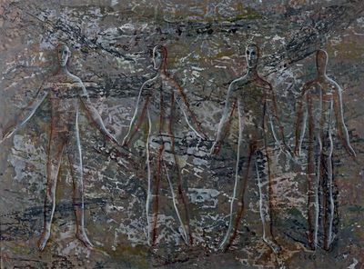 une peinture représentant un groupe de personnes sur un mur de pierre