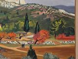 an oil painting of a landscape with a mountain in the background